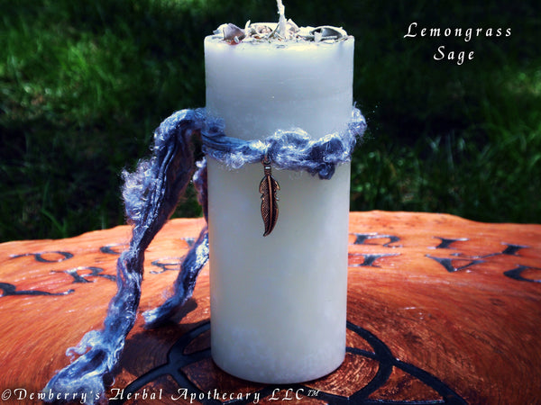 LEMONGRASS SAGE Mottled Crystal SMUDGE Candle For Shamanic Workings, Purification & Space Clearing