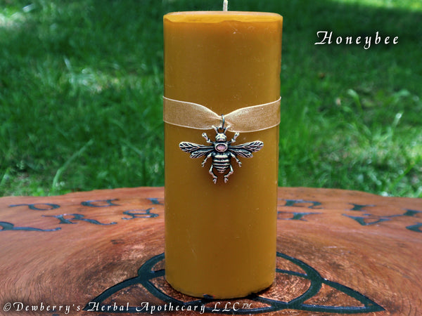 HONEYBEE Beeswax Pillar Candle For Summer Solstice, Guiding The Dead, Spiritual Fruits, Wisdom