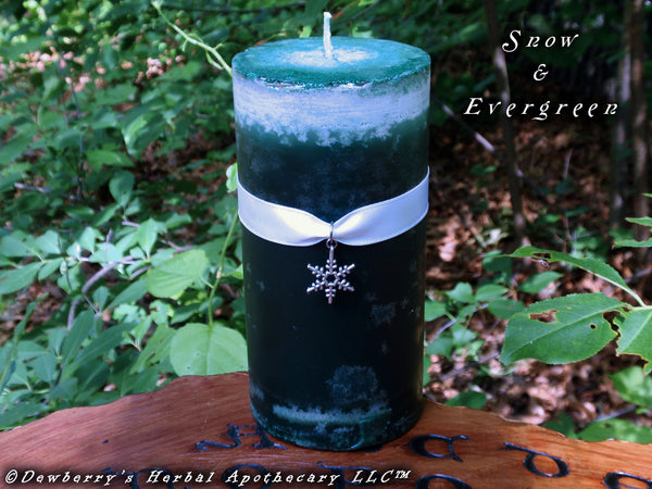 SNOW & EVERGREEN Crystal Mottled Pillar Candle For Winter Magick, Celebrations, Circle Of Friends
