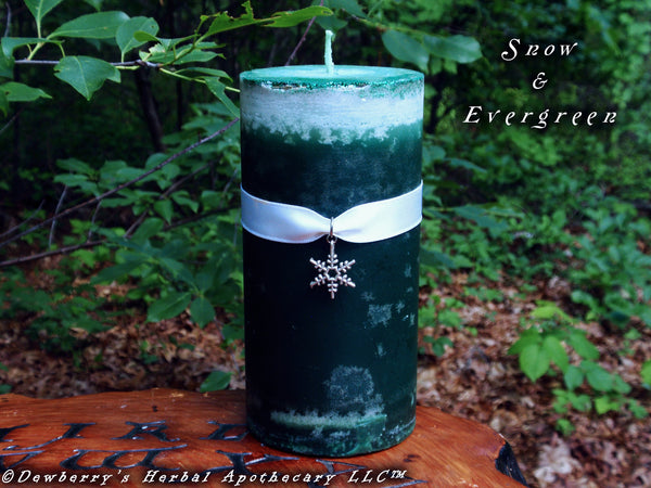 SNOW & EVERGREEN Crystal Mottled Pillar Candle For Winter Magick, Celebrations, Circle Of Friends