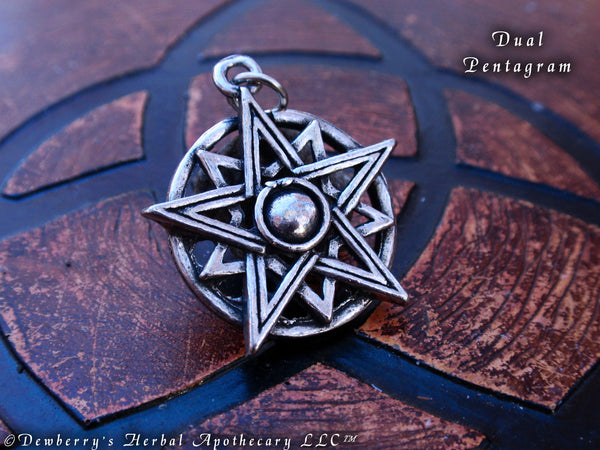 DUAL PENTAGRAM Silver Pewter Amulet.  For Talisman, Degree Initiation, Witchcraft, Occult