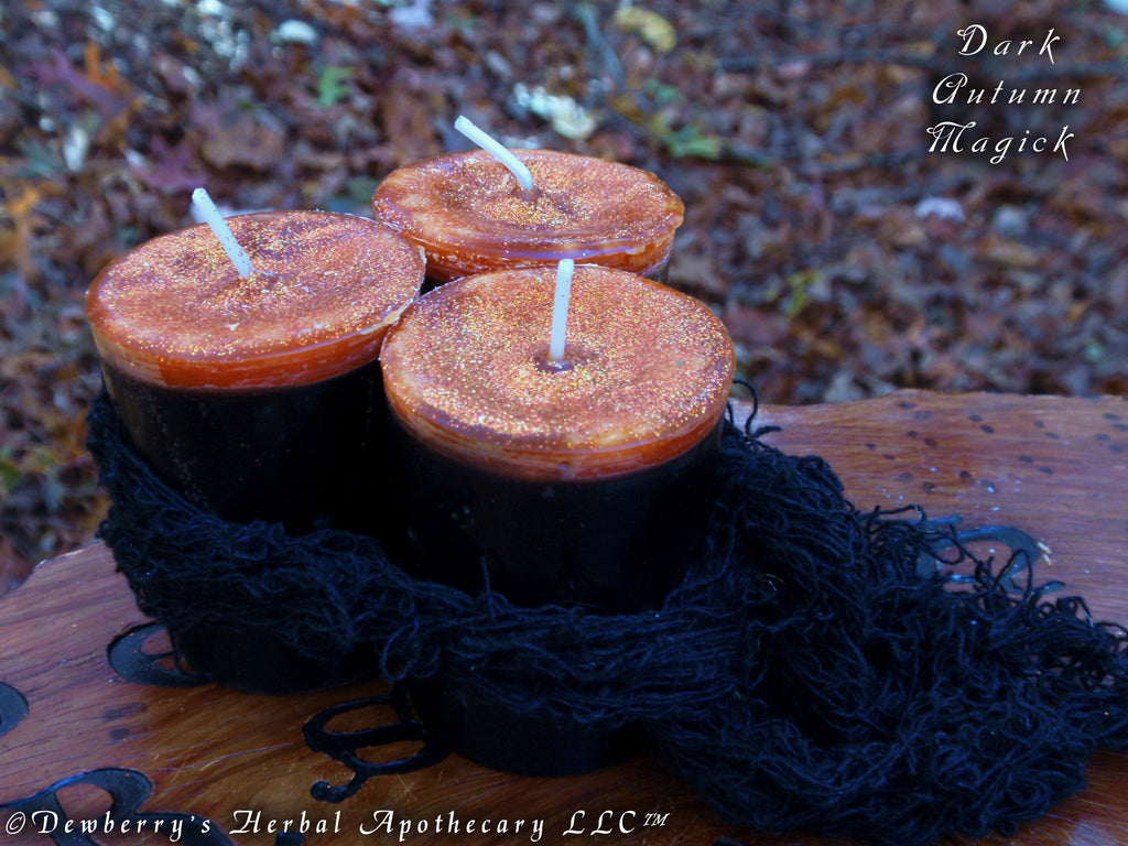 DARK AUTUMN MAGICK Votive Set w/Harvest Oils & Poisoned Black Lily. For Autumn Rites, Mabon, Samhain