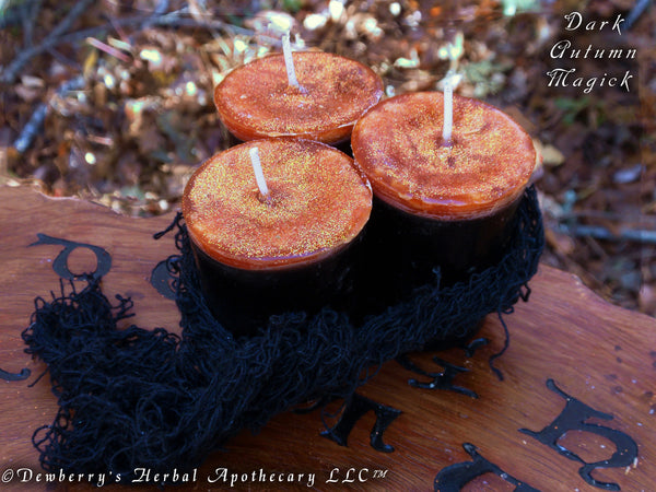 DARK AUTUMN MAGICK Votive Set w/Harvest Oils & Poisoned Black Lily. For Autumn Rites, Mabon, Samhain
