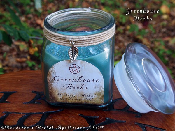 GREENHOUSE HERBS Natural Soy Crystal Sm Jar Candle For Home Alquemie, Sacred Space, Kitchen Magick