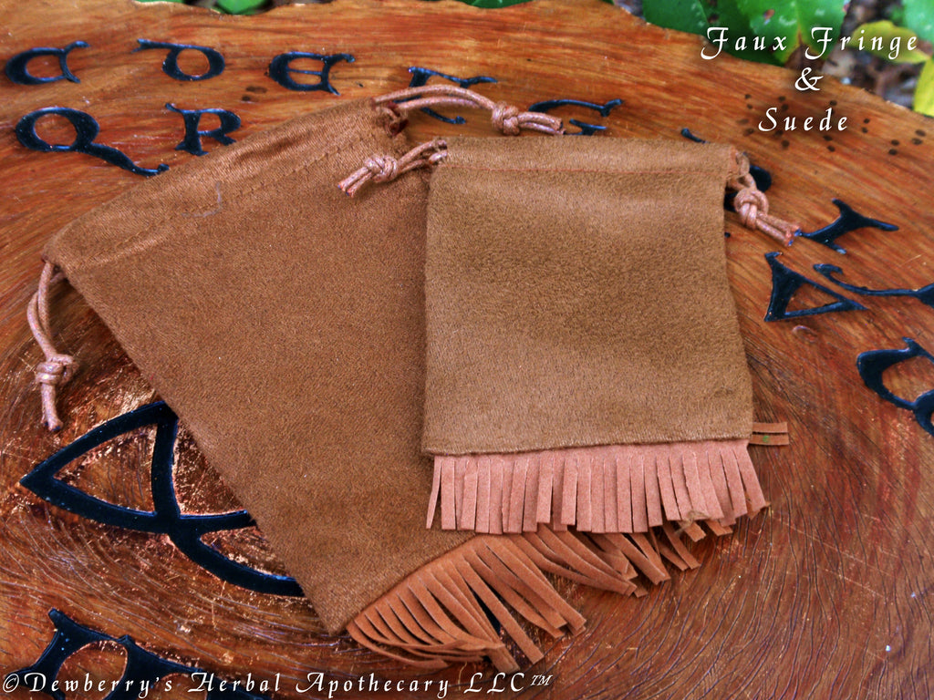 FRINGED FAUX Brown Suede Drawstring Pouch, Choose Your Size.
