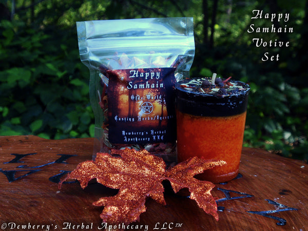 HAPPY SAMHAIN Mini Altar Ritual Set w/Double Action Votive & Fire Throw Casting Herb Witch Mix Blend