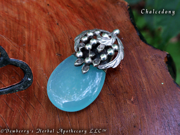 BLUE CHALCEDONY Drop Gemstone Pendant In .925 Sterling Silver Laurel Wreath Design