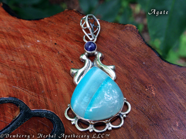 AGATE AMETHYST BLUE Banded Teardrop .925 Sterling Silver Gemstone Pendant w/Open Scroll Bale
